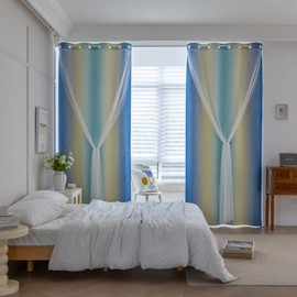 Erbnaryx Double Layer Ombre Curtains for Girls Room Girls Bedroom Kids Room Grommets Top 63 Inch Lengt Rainbow Blackout Window Drapes 2 Panels, Yellow & Blue