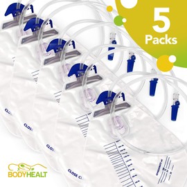 BodyHealt Urinary Drainage Bag with Anti-Reflux Chamber, 2000 mL Vinyl With 48" Drainage, 5 Count (Pack of 1)