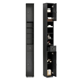 HOMGX 71”H Bathroom Storage Cabinet, Narrow Freestanding Storage Unit with Drawer, 2 Doors & Adjustable Shelves, Tall Slim Cabinets for Living Room, Entryway, Toilet, Small Spaces (Black)