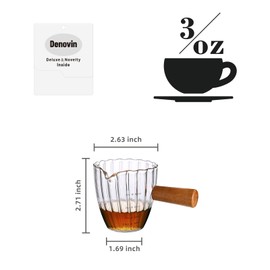 Denovin Glass Measuring Cup, 3oz Espresso Cups with Wood Handle, Shot Glasses with V-Shaped Mouth, Measuring Cups Pitcher Milk Cup for Coffee (Transparent Ribbed)