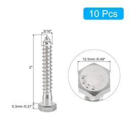 sourcing map Hex Head Lag Screws Bolts, 10pcs 5/16" x 2" 304 Stainless Steel Partial Thread Wood Screws