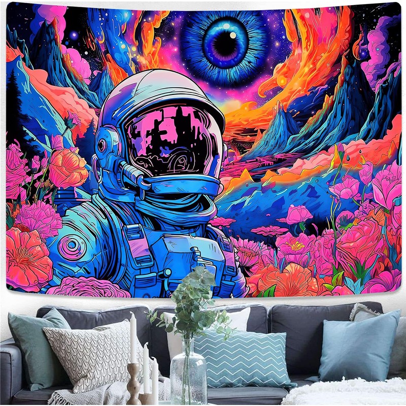 FENDROM Blacklight Astronaut Tapestry Hippie Eyes Tapestry UV Reactive Flowers