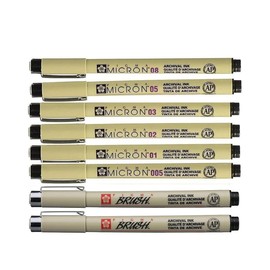Pigma Micron 8 Fineliners 005,01,02,03,05,08, Brush, Brush (Manga SET)