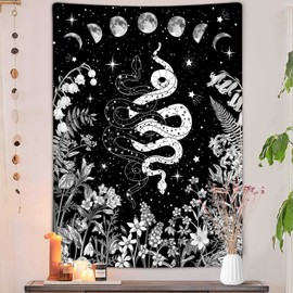 VEIGIKE Witchy Snake Vertical Tapestry, Trippy Black and White Floral Moon Phase Cool Tarot Tapestry Wall Hanging for Bedroom Aesthetic, Nature Tapestries Poster Blanket College Dorm Decor (36X48)