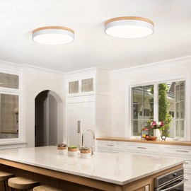 Vikaey Modern Wood LED Ceiling Light Fixture, Milimalist White Flush Mount Ceiling Lights, 4000K Round Ceiling Fixtures for Living Room, Bedroom, Hallway, Laundry Room (NOT Dimmable)