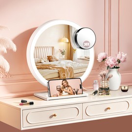 MIYADIVA Vanity Mirror with Lights, Lighted Makeup Mirror with 30X Magnification, 90 LED for 3 Color Lighting and Adjustable Brightness, Touch Screen, Bedroom Dorm Mirror with Phone Holder Stand