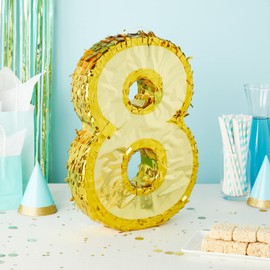 Juvale Gold Foil Number 8 Pinata - 17 x 11.5 x 3 in - Candy-Filled 8th Birthday Party Decoration & Easy-Fill Top - Durable Corrugated Paper