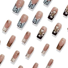 Uñas Postizas Francesas De Presión, Tamaño Mediano, Cuadradas, Brillantes, Con Estampado De Leopardo Marrón Otoñal, Forma De Ataúd, Con Lindas Flores 
