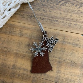 NEW HAMPSHIRE Christmas Ornament, Small, Rustic Metal with Merry Christmas and Snowflake Charms