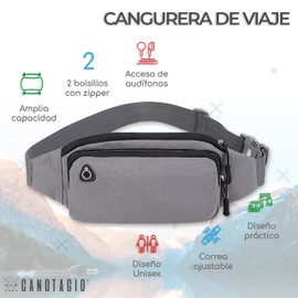 Canotagio Cangurera Deportiva de Viaje. Diseño Amplio para Pasaporte, Efectivo o Tarjetas. Hombre y Mujer. Riñonera Deportiva Compatible con Audifonos. Fanny Pack/Running Belt/Travel Pouch (Gris)