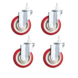 Swivel Stem Casters, Heavy Duty Double-Locking Castors with Red PU Wheels Quiet and No Marking with Metric Thread Rods M10-1.5x25mm 800-1000lb Load Capacity Pack of 4 (4 Inch, Without Brake)