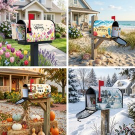 Papiailove 4pcs Hello Spring Summer Autumn Winter Mailbox Covers Magnetic Standard Size 18" X 21" Holiday Flower Beach Pumpkin Snowman Mailbox Wraps for Garden Yard Home Outside Decor