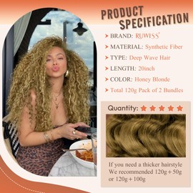 RUWISS 50 cm Deep Wave Crochet Braiding Hair for Bohemian Synthetic Hair Braids Extensions Curls Welling Hair Extensions for Women 2 Bundles / Pack (120 g, Honey Blonde)