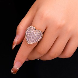 Iced Out Jewelry 5A Cz Stones Shiny Baguette Heart Engagement Gold Luxury Diamond Ring, Hip Hop Bling Bling 18K Gold Plated Party Pinky Ring Men Women, Brass, Cubic Zirconia