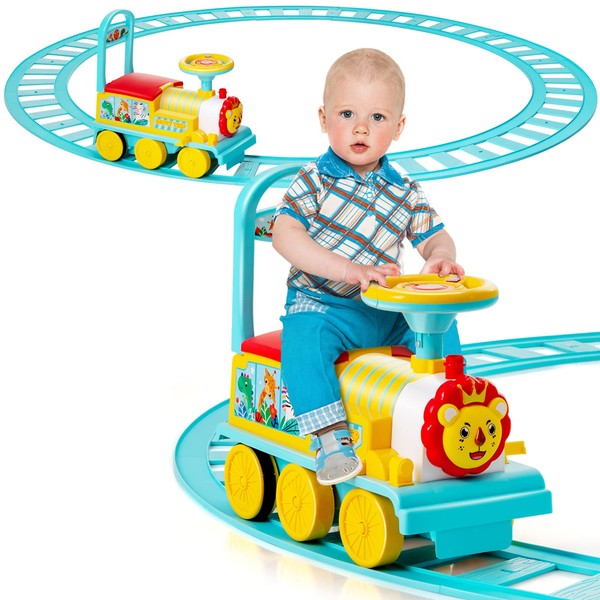 GLACER Ride On Train with 16 Pieces Tracks for Kids, Electric Ride On Toy with Lights & Sounds, Storage Box Under Seat and Retractable Foot Pedals, Gift for Toddler, Boys and Girls 3+ Years (Blue)