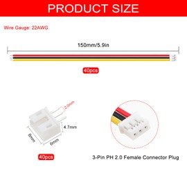 Lyeteung 40 Sets JST 2.0 PH 3 Pin Connectors, Mini Micro JST 2.0 mm 3-Pin Connector with 150 mm 22AWG Cable & Female