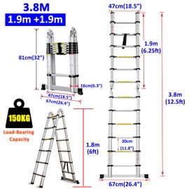 A Frame Ladder Telescoping 12.5 FT Extension Telescope Ladder with Nonslip Feet & Stabilizer Bar, 2 x 8 Steps Retractable Aluminum Folding Ladder for Home Office Indoor Outdoor, 330LB Max Load