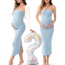 Rnxrbb 2 Piece Maternity Dress Shrug Baby Shower Wedding Guest Bodycon Tube Cardigan Photoshoot Gender Reveal,Light Blue M