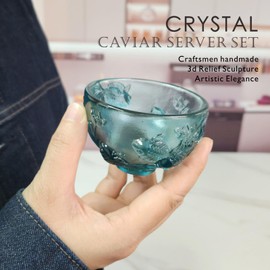 FANQIEW Crystal Caviar Serving Set with 2 Mother of Pearl Spoons Handcrafted Glass Caviar Dish with Fish Relief Design,Vibrant Colors Showcasing,5oz Capacity,Dishwasher Safe,Sky Blue