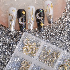 60 Pcs Moon Nail Charms Rhinestones 3D Shiny Moon Shape Metal Gems Jewels Stones Gold Rhinestones Charms Design for Nails Art Accessories DIY Decoration with Storage Box