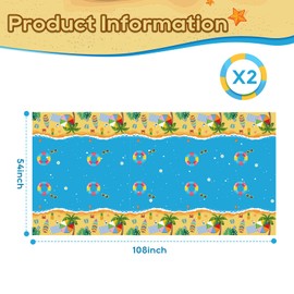 Zharkoo 2Pack Beach Theme Tablecloth 54" x108", Summer Disposable Table Cover for Tropical Pool Party Decorations, Ocean Sand Seaside Picnic Plastic Table Cloth for Kids