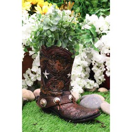 Ebros Gift Rustic Western Texas Star Cowboy Boot and Spur in Floral Lace Faux Tooled Leather Wine Holder Or Planter Vase 8" H Figurine Wild West Bottle Caddy Cowboys Cowgirls Boots Themed Bar Accent