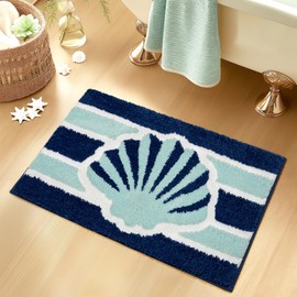 Tyrot Navy Blue Beach Bathroom Rugs Non Slip Washable Cute Coastal Bath Mats Rugs for Bathroom Floor Nautical Fluffy Plush Soft Absorbent Farmhouse Carpet for Shower, Tub, 18x24 inch