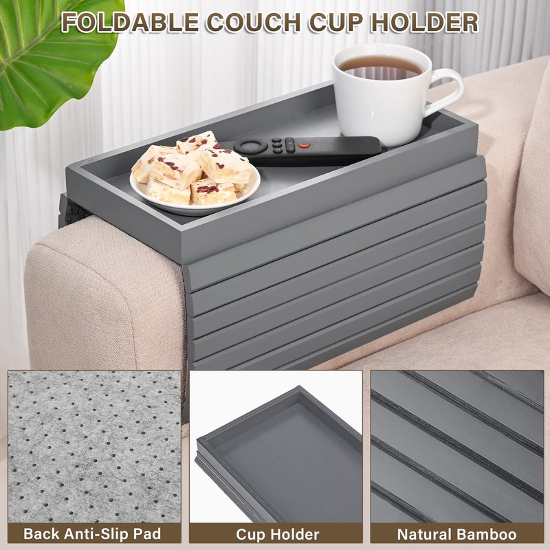 YUBAMIN Bamboo Sofa Arm Tray, Anti-Dropping Couch Arm Tray, Foldable