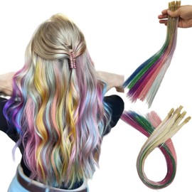 Synthetic I-Tip Hair Extensions Set,16inch Heat Resistant Straight Hair Mixed Tinsels, Contains 60 Strands Pastel Color Hair and 100pcs Blonde Micro Rings, Suitable for Women Girls DIY/Party/Holiday