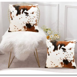 Set of 2 Super Soft Plush Faux Fur 20x20 Cow Skin Throw Pillow Covers Brown White Cowhide Farm Style Decorative Accent Cushion Covers for Chair Sofa Couch Bed Bedroom Living Room