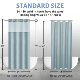 54x80 Shower Curtain for Small Bathrooms,No Hook Design Fits Low Ceiling,Waterproof Fabric with 80" Extra Long Magnetic Hem,Fog Blue Waffle Weave and Machine Washable Hotel Grade.