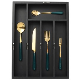 Bamboo Silverware Drawer Organizer with Labels,Kitchen Small Narrow Utensil Drawer Organizer,Kitchen Utensil Tray Holder Organizer for Flatware,Cutlery,Spoon,Knives Drawer Organization (Black, Large)