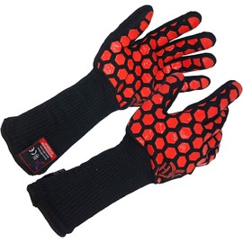 J H Heat Resistant Oven Glove:EN407 Certified 932 °F, 2 Layers Silicone Coating, Oven Mitts for Cooking, Kitchen, Fireplace,Camping, Grilling (Black/Red, Extra Long Cuff)