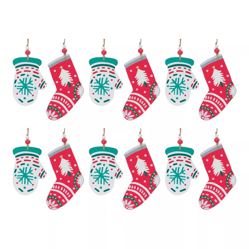 Melrose Wood Mitten and Stocking Ornaments (Set of 12)