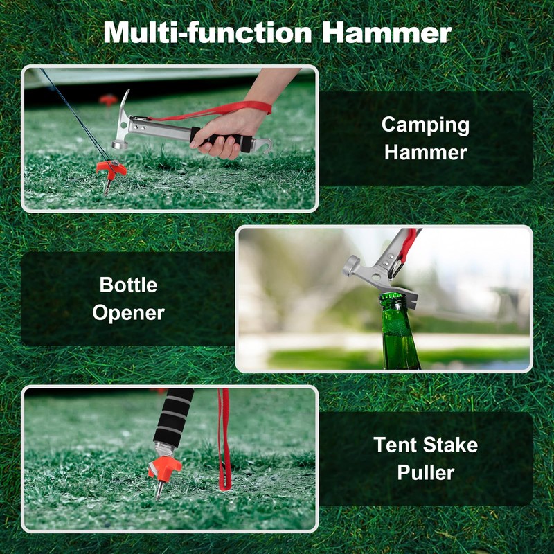 LATTHANT Aluminum Camping Hammer, 3-in-1 Functional Tent Stake Hammer with