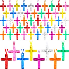 Kugliwa 128 Pcs Crystal Cross Necklace Plastic Colored Cross Necklaces Bulk for Christian Religious Party Favors School Prizes Church Easter Egg Fillers Gift, 8 Colors