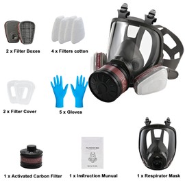 Faburo Full Face Gas Mask, Reusable Full Face Mask Respirator with Filter for Gases, Vapors, Dust, Chemicals, Gas Masks with 10 pcs Filter Cotton & 5 pcs gloves