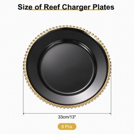 uxcell 6pcs Clear Charger Plates Bulk, 13" Plastic Round Charger Plates with Bead Trim Dinner Dessert Plate for Wedding Party Event Table Setting Decoration, Light Gold On Black