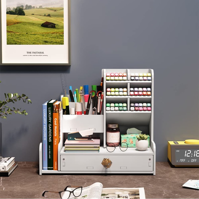 Upgraded Desktop Stationary Organizer with Drawer, DIY White Pencil Holder