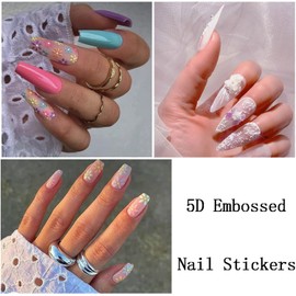 5D Embossed Flower Nail Art Stickers Decals, Holographic Engraved Flowers Nail Self-Adhesive Sticker Designs, Colorful Floral Daisy Leaf Rose Nail Transfer Decal for Women DIY Finger Toe Decorations