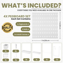 PSCGOODS White Pegboard Wall Organizer | Craft Wall Organizer - Desk Wall Organizer- Wall Mount Display Peg Boards Panels Kits for Kitchen, Office - Bathroom - Set of 4 with 12 Different Accessories