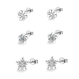 HinDaLi 3 Pairs of Flower Earrings Silver 925 for Women Girls Women Glitter Small Stud Earrings Flower Zirconia Silver Stud Earrings Women's Earrings Stud Flowers Set Cartilage Hypoallergenic