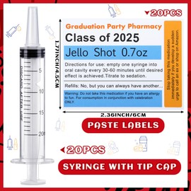 Threlaco 40 Pcs Nursing Graduation Party Supplies, 20 Pcs 20 ml Plastic Syringes for Shot Drinks, 20 Pcs Sticky Labels, Class of 2025 Graduation Decoration Nurse Party Supplies BSN Rn LPN Gift