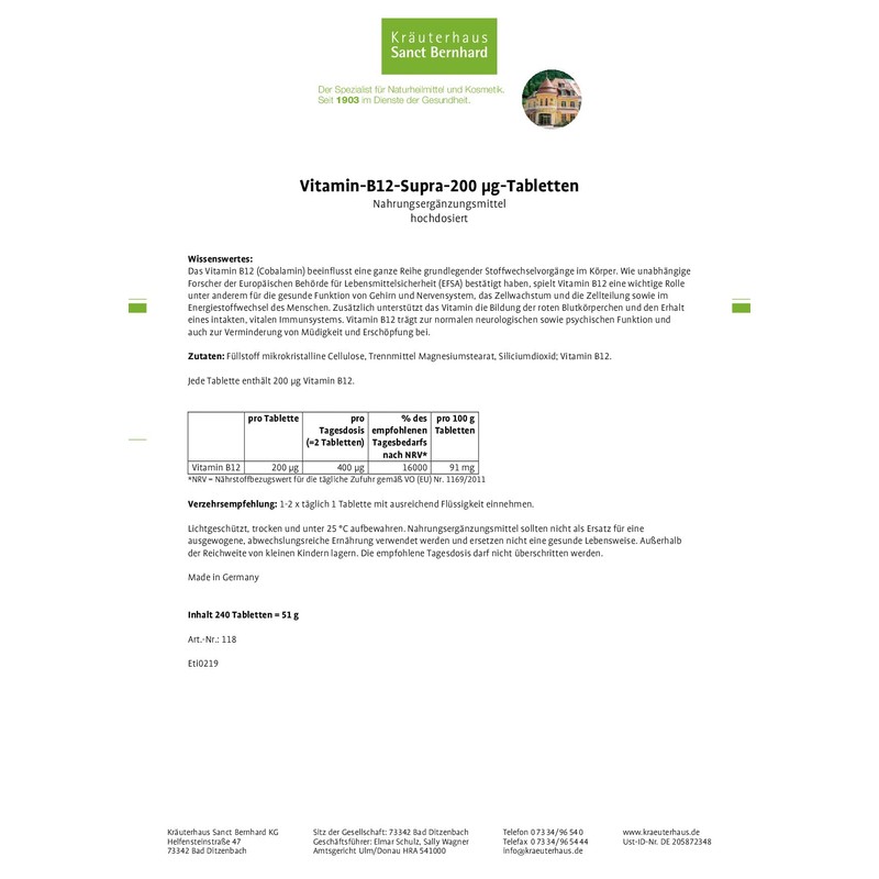 Sanct Bernhard Vitamin B12-Supra 200 µg Tablets, 240 Tablets