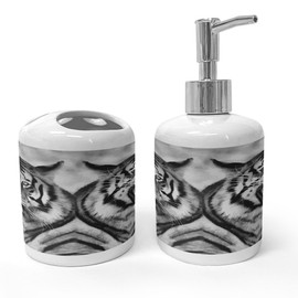 Ambesonne Savannah Soap Dispenser & Toothbrush Holder Set, Cat Expression Opposite Images Fearsome Teeth Mirror Angry Intense Wildlife, Ceramic Bathroom Toiletry Accessories, 2 Pcs, Pale Grey Black