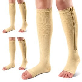 Ailaka 3 Pairs Compression Socks with Zipper, 15-20 mmHg Medical Knee Socks for Men and Women, Open Toe Socks for Varicose Veins, Edema, Recovery, Pregnant, Nurse