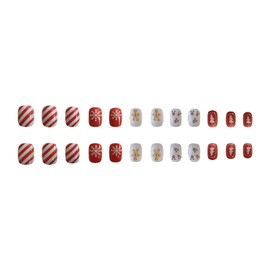Christmas Short Press on Nails Square Winter Fake Nails Red Full Cover Gingerbread Man False Nails with Red White Swirl Designs Glossy Glue on Nails Manicure Cute Artificial Nails for Women Girls
