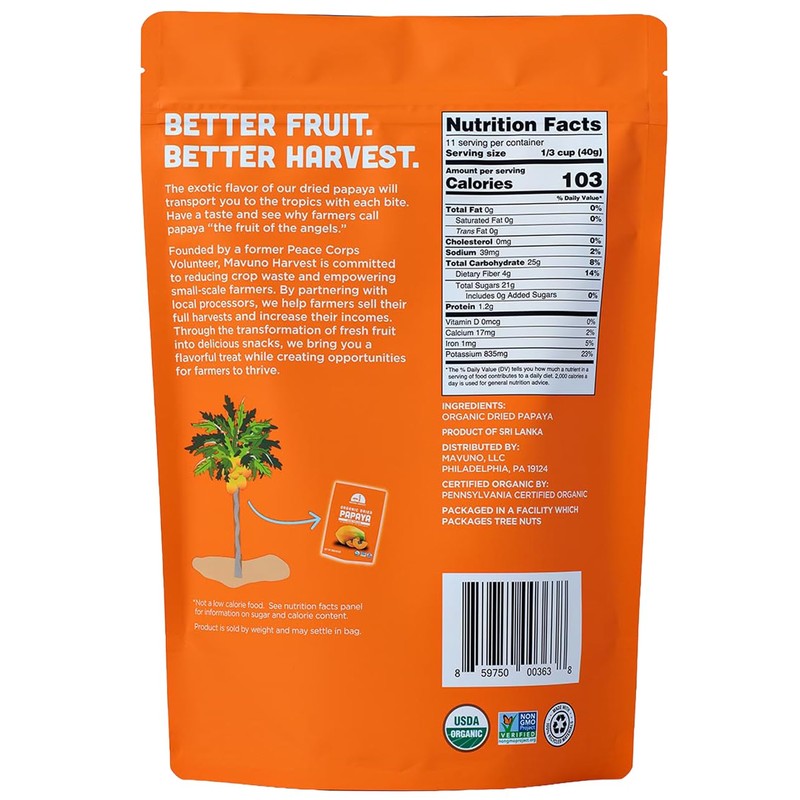Mavuno Harvest Papaya Dried Fruit Snacks | Organic Dried Papaya