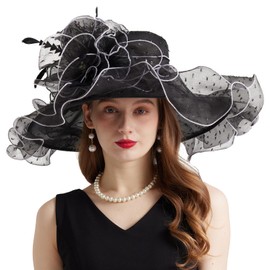 Women Elegant Organza Kentucky Derby Hat Wide Brim Sun Hats for Wedding Tea Party Fascinator Hat Black