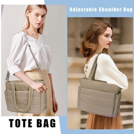 Waterproof Puffer Tote Bag for Women, Quilted Shoulder Work Bag, Lightweight Travel Tote with Laptop Compartment